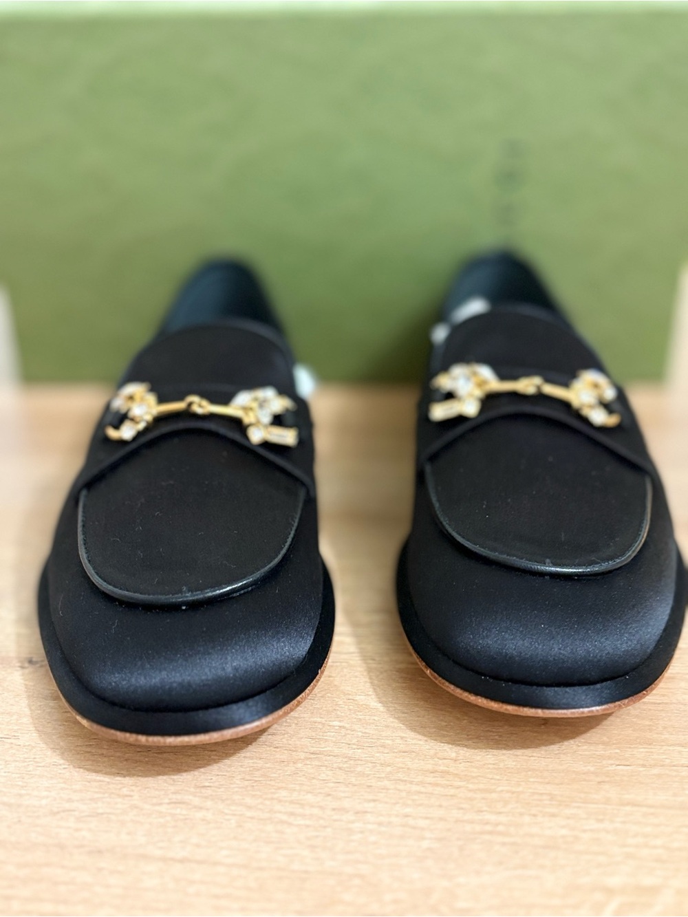 Gucci Black Satin Loafers with Gold Horsebit